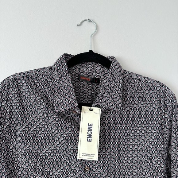 Engine Navy Maroon White Print Cotton Button Down Dress Shirt L NWT - Picture 3 of 7